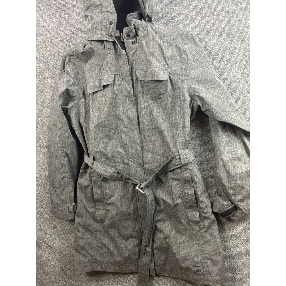 REI E1 Elements Rain Jacket Women Large Grey Belted Hooded Trench Coat Outdoor